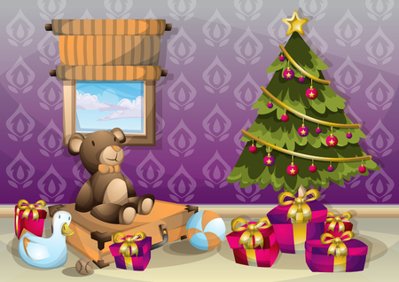 cartoon vector illustration interior Christmas room with separated layers in 2d graphicのイラスト素材
