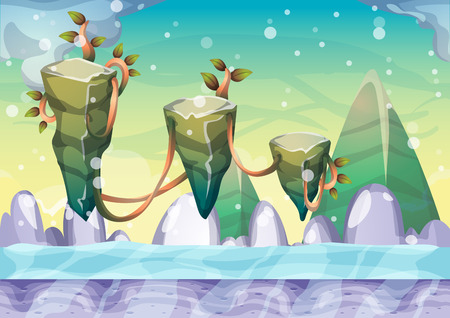 cartoon floating island background with separated layers for game art and animation game design asset in 2d graphicのイラスト素材