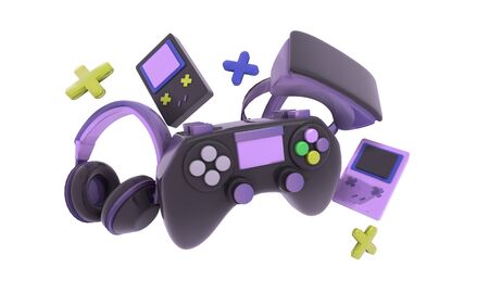 Colorful Video game controller, headphones and game console background illustration, render, 3D
