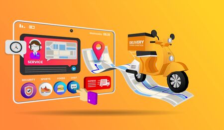 online shopping with motorcycle Vector for banner, poster, flyerのイラスト素材