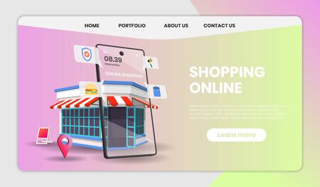 Shopping Online on Website or Mobile Application Vector with shop retail Concept Marketing and Digital marketing,3d vector illustration.のイラスト素材
