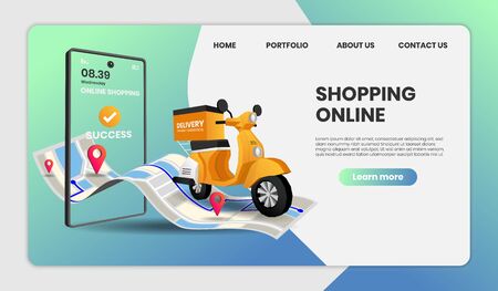 Online Shopping templates service for food and package online shopping delivery service with motorcycle. 3d vector illustration,Hero image for websiteのイラスト素材
