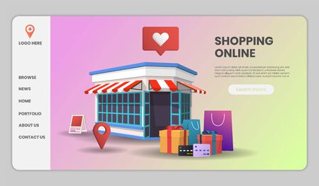 Shopping Online on Website or Mobile Application Vector with shop retail Concept Marketing and Digital marketing,3d vector illustration.のイラスト素材