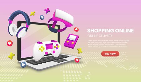gaming on video game hardware concept. Vector concept illustration. Hero image for website.のイラスト素材