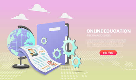 online education concept with document and colorful element. 3d vector illustration,Hero image for websiteのイラスト素材