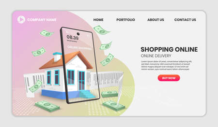 Shopping online with house concept. Online delivery service.3d vector illustration,Hero image for websiteのイラスト素材