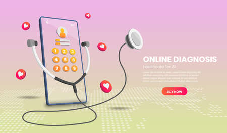 Online diagnosis concept for infographics, hero images, web banner, landing page.3d Perspective vector illustration isolated on gradient background.のイラスト素材