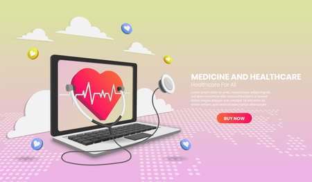Online medical consultation with laptop and medical app, healthcare and technology concept. Vector illustration in 3d Perspective style.のイラスト素材