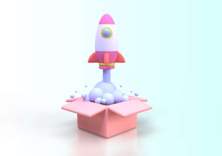 Rocket Launches with gift concept illustration Landing page template for business idea concept background 3D renderの写真素材