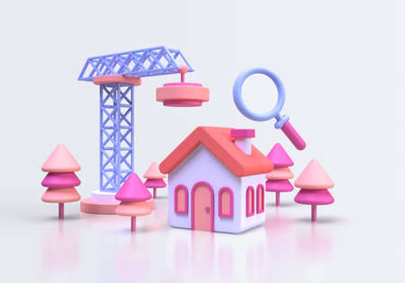 house with giant magnifier real estate concept illustration Landing page template for business idea concept background 3D renderの写真素材