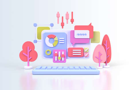 Web development for UI UX design concept illustration Landing page template business idea background 3D renderの写真素材