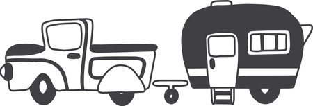 Hand Drawn Pickup trucks and towing houses illustration isolated on backgroundのイラスト素材