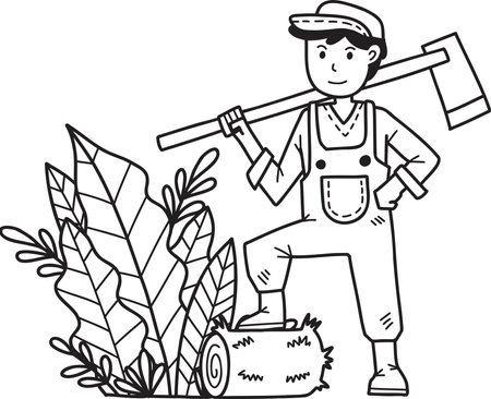 Hand Drawn Male farmer holding a hoe digging the ground illustration isolated on backgroundのイラスト素材