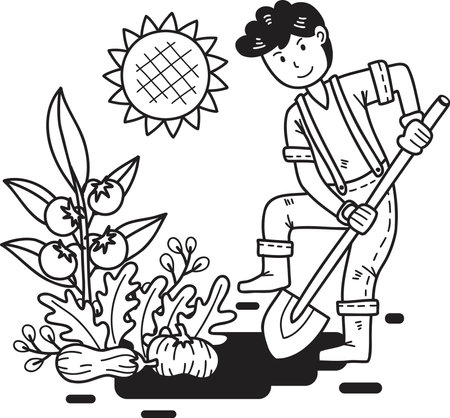 Hand Drawn Male farmer holding a hoe digging the ground illustration isolated on backgroundのイラスト素材