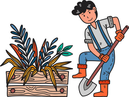 Hand Drawn Male farmer holding a hoe digging the ground illustration isolated on backgroundのイラスト素材