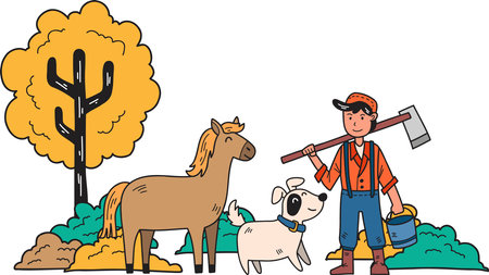 Hand Drawn Male farmer standing in farm with horse and dog illustration isolated on backgroundのイラスト素材