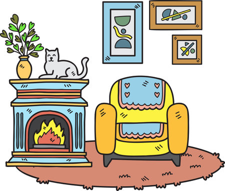 Hand Drawn Fireplace with cats and sofa interior room illustration isolated on backgroundのイラスト素材
