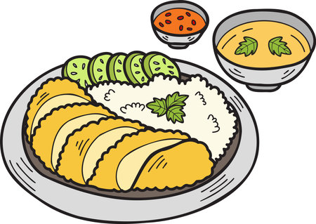 Hand Drawn Fried Pork with Rice and Soup Chinese and Japanese food illustration isolated on backgroundのイラスト素材