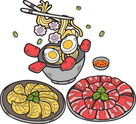 Hand Drawn Noodles and Gyoza Chinese and Japanese food illustration isolated on backgroundのイラスト素材