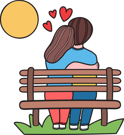Hand Drawn man and woman sitting on a bench at sunset illustration isolated on backgroundのイラスト素材