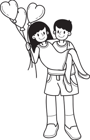 Hand Drawn man and woman holding heart shaped balloons illustration isolated on backgroundのイラスト素材