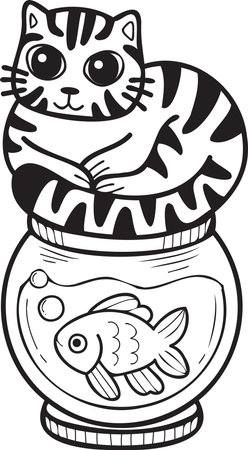 Hand Drawn striped cat on Fish Bowl illustration in doodle style isolated on backgroundのイラスト素材