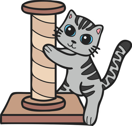 Hand Drawn striped cat with cat climbing pole illustration in doodle style isolated on backgroundのイラスト素材