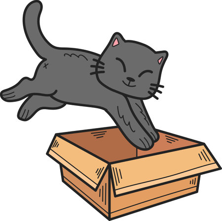 Hand Drawn kitten jumped into the box illustration in doodle style isolated on backgroundのイラスト素材