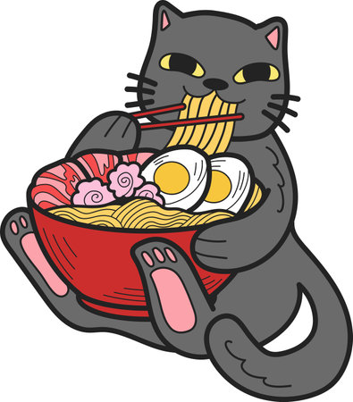 Hand Drawn cat eating noodles illustration in doodle style isolated on backgroundのイラスト素材