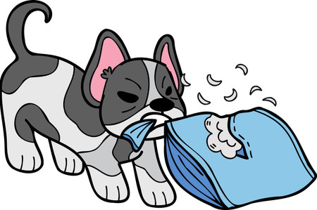 Hand Drawn French bulldog biting pillow illustration in doodle style isolated on backgroundのイラスト素材