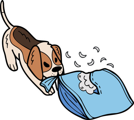 Hand Drawn Beagle Dog biting pillow illustration in doodle style isolated on backgroundのイラスト素材