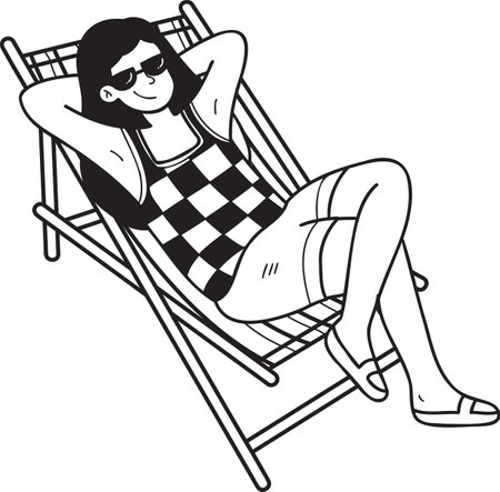Hand Drawn Female tourists sunbathing on sunbeds illustration in doodle style isolated on backgroundのイラスト素材