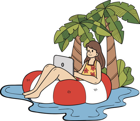 Hand Drawn Freelance woman working on laptop under coconut tree illustration in doodle style isolated on backgroundのイラスト素材