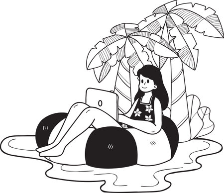 Hand Drawn Freelance woman working on laptop under coconut tree illustration in doodle style isolated on backgroundのイラスト素材