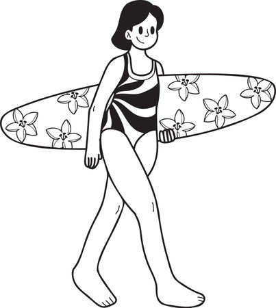 Hand Drawn Female tourist with surfboard illustration in doodle style isolated on backgroundのイラスト素材
