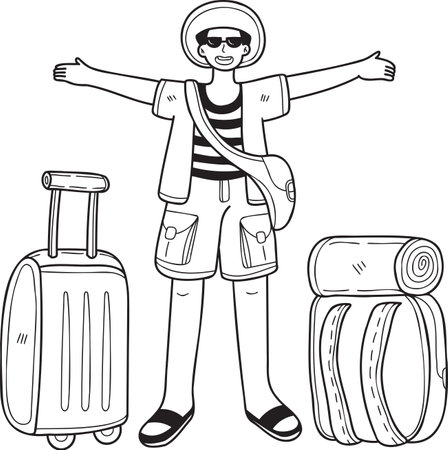 Hand Drawn Male tourist with travel bag illustration in doodle style isolated on backgroundのイラスト素材