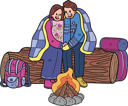 couple with campfire illustration in doodle style isolated on backgroundのイラスト素材