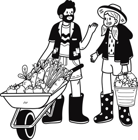 Gardener with a cart with vegetables illustration in doodle style isolated on backgroundのイラスト素材