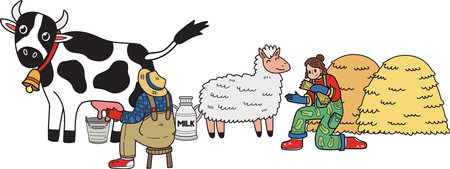 Farmers are milking cows and feeding sheep illustration in doodle style isolated on backgroundのイラスト素材