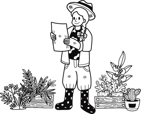 Female gardener planning to plant a tree illustration in doodle style isolated on backgroundのイラスト素材