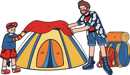 family helping to set up a tent for camping illustration in doodle style isolated on backgroundのイラスト素材
