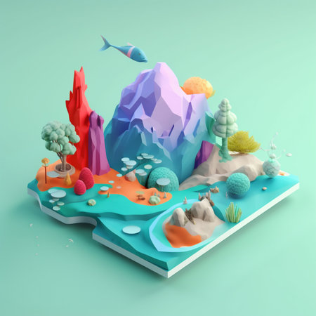 illustration of An island in the sea in an isometric view in trending color palette for advertising with Generative AIの素材