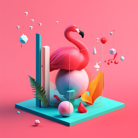 illustration of Flamingo with geometric objects in summer concept in trending color palette for advertising with Generative AIの素材