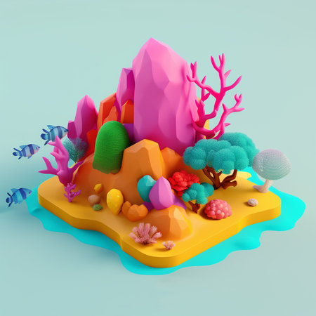 illustration of An island in the sea in an isometric view in trending color palette for advertising with Generative AIの素材
