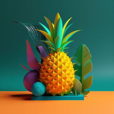 illustration of Pineapple with geometric objects in summer concept in trending color palette for advertising with Generative AIの素材