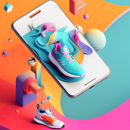 illustration of sports shoes and smartphone in trending color palette for advertising with Generative AIの素材