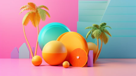 illustration of Geometric objects in summer concept in trending color palette for advertising with Generative AIの素材