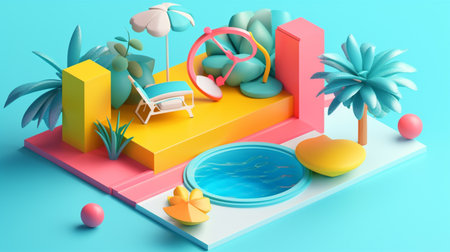 illustration of Geometric objects in summer concept in trending color palette for advertising with Generative AIの素材