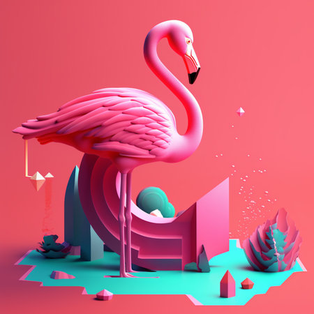 illustration of Flamingo with geometric objects in summer concept in trending color palette for advertising with Generative AIの素材