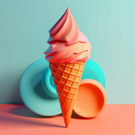 illustration of Ice cream cone with geometric objects in summer concept in trending color palette for advertising with Generative AIの素材